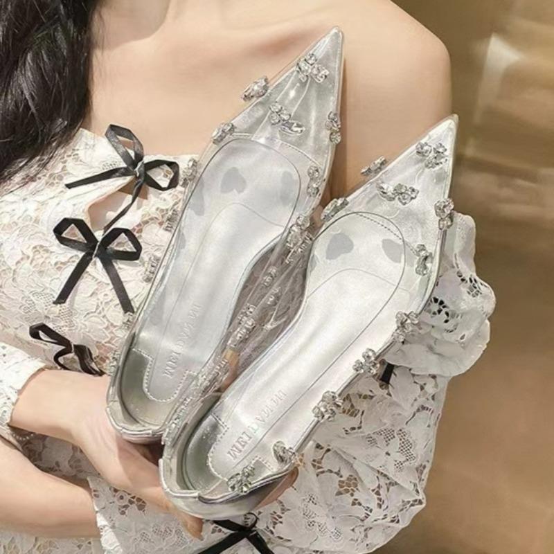 Fashion Women's Flat Shoes Spring New Pointed Head Shallow Mouth Crystal Buckle Soft Sole Anti-slip Wear-resistant Low-top Shoes