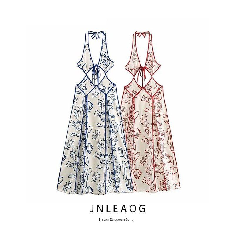 Jnleaog Autumn New Women's Clothing Fashion Style Retro Sexy Halter Floral Cut Out Long Dress