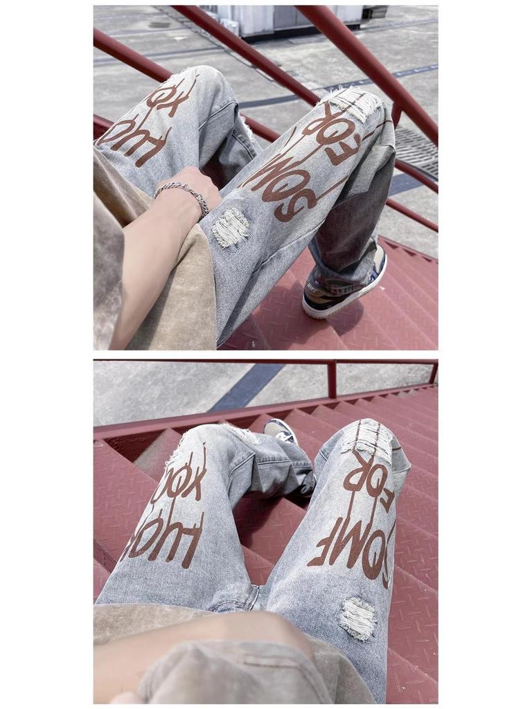 Men's Summer Ripped Ink-Print Harajuku Jeans - Straight Leg Trendy Pants