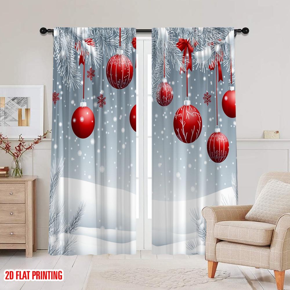 2pcs,2D Plane Printing Creative Curtains Christmas Balls Snow Scene Durable 100% Polyester Fabric (without Rod) Decorations For