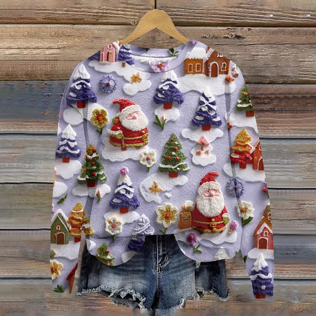 Women's Fashion Christmas Printed Long Sleeve Loose Round Neck Sweatshirt Top
