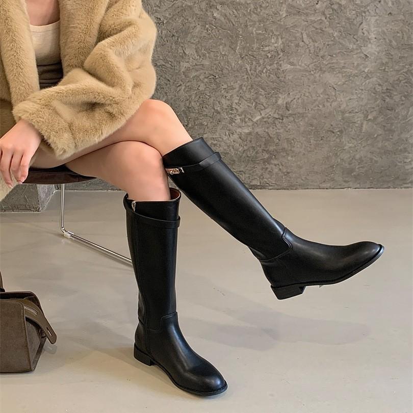 Silver buckle knight boots women's straight boots autumn and winter new solid color round head mid-heel sleeves knee-high boots
