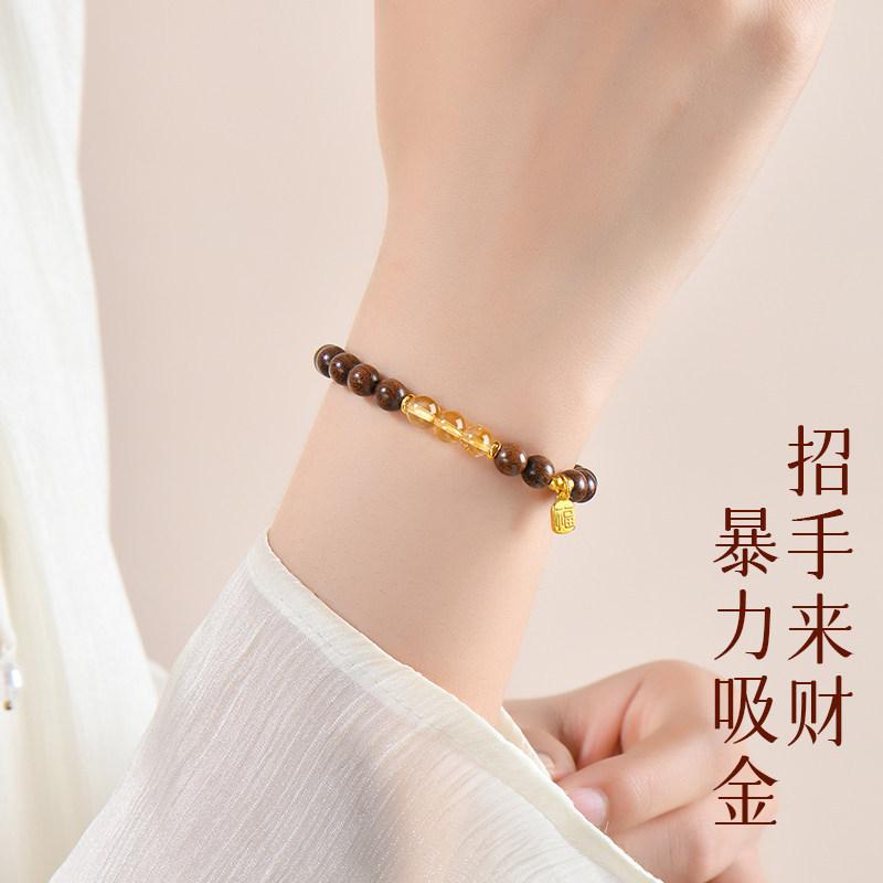 Putuo Mountain Natural Golden Sandalwood Bracelet, Yellow Pagoda Crystal Women's Wooden Buddhist Bead Sandalwood Bracelet, Crystal Good Luck