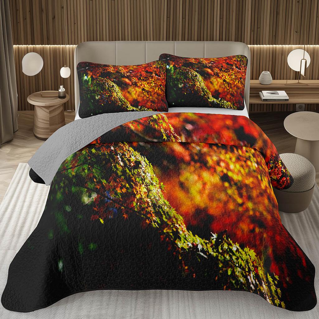 Fall Leaves Bedspread Set Queen/Twin, Autumn Maple Leaf Quilt Set, Soft Lightweight Botanical Coverlet, Rustic Farmhouse Bedding