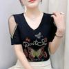 New European Women's Clothes Luxury Elegant T-Shirt Sexy Shiny Butterfly Hot Diamonds Mesh Top Tees Blouse