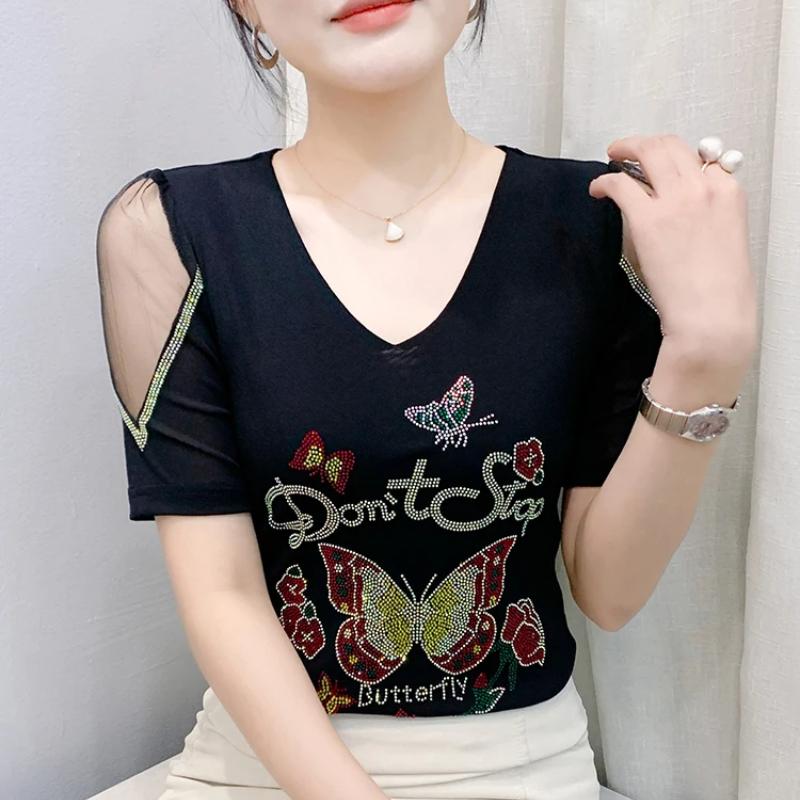 New European Women's Clothes Luxury Elegant T-Shirt Sexy Shiny Butterfly Hot Diamonds Mesh Top Tees Blouse