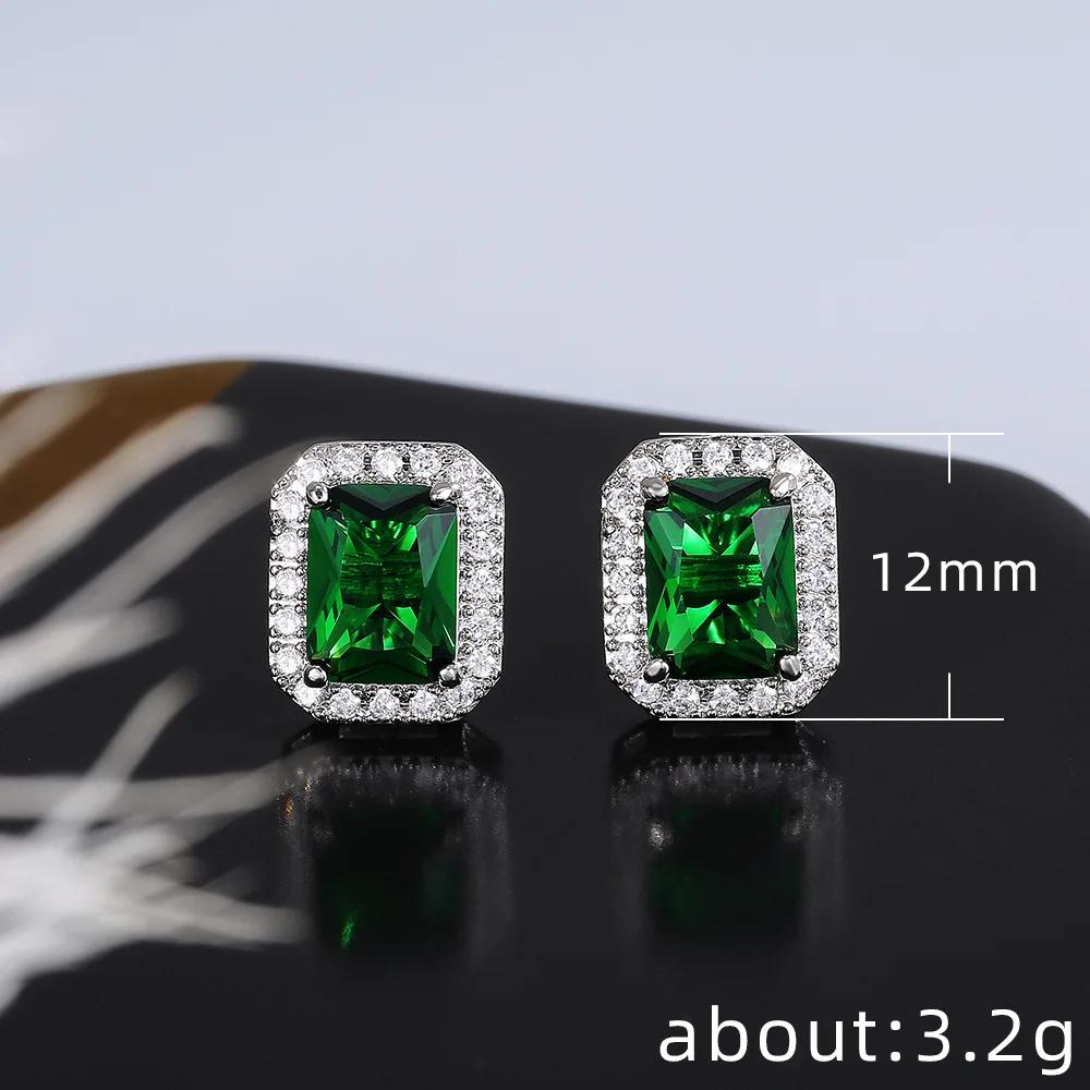 Cute Square Female Emerald Crystal Green Earrings Fashion  Sterling Silver Wedding Earrings Double Stud Earrings for Women