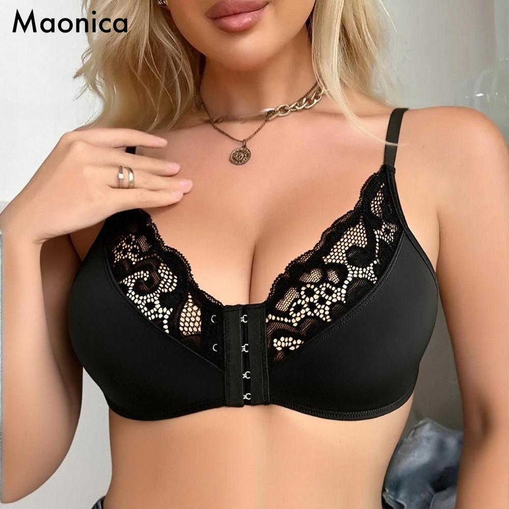 Women's Front Closure Lace Bra Push Up Wireless Everyday Bra with Adjustable Straps Comfortable Seamless Underwire Bra for All-Day Support