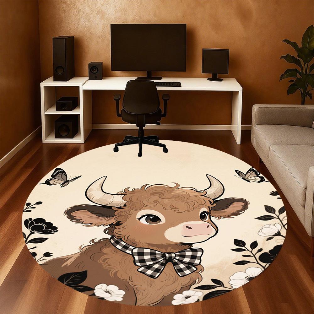 1PC Cow Bowtie Flowers Round Chair mat Area Rug - Non-Slip, Floor Mat for Office, Bedroom, home decor Christmas Gift c0528044