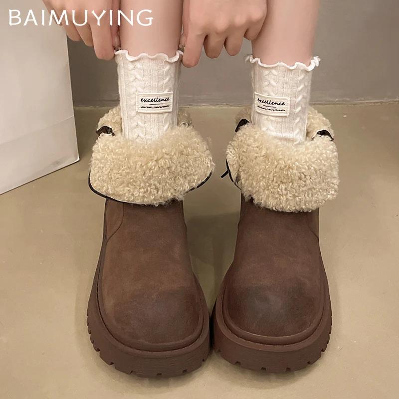 Fur Women Snow Ankle Boots Suede Mid Heels Short Plush Cotton Shoes 2025 Trend Winter Chunky Pumps Warm Casual Botas De Mujer