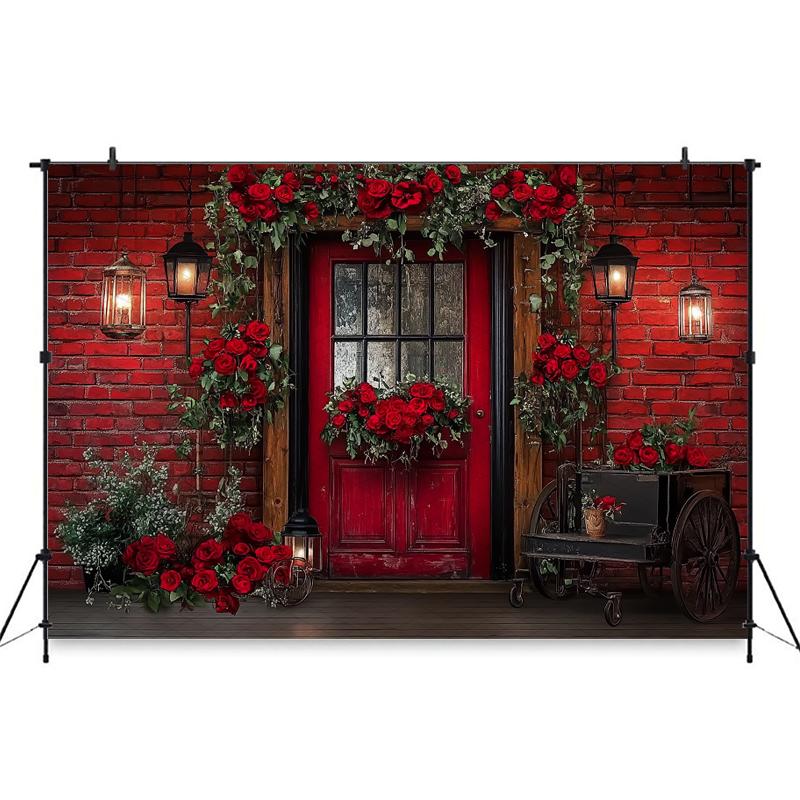 Mocsicka Valentine's Day Photo Background Rose Love Heart Flower Red Bricks Wall Door Decorations Wedding Backdrop Studio Banner