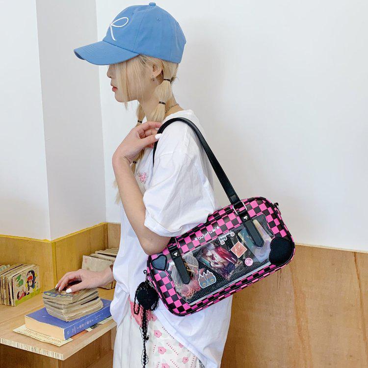 Japanese Kawaii Heart Plaid Ita Bag - Women's Transparent Crossbody with Pin Board