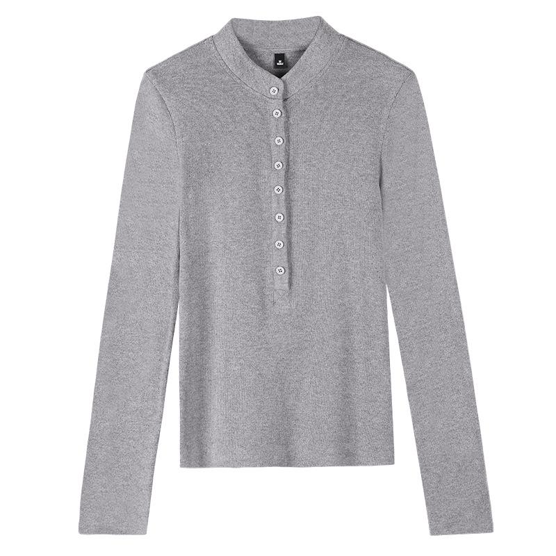 

Женский топ хенли с длинным рукавом на осень 2025 года - Приталенный трикотаж с деталями на пуговицах M хизер серый