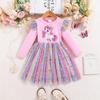 Girls Spring and Autumn Lotus Leaf Shoulder Long Sleeve Unicorn Print Dress Hem Symphony Mesh Skirt