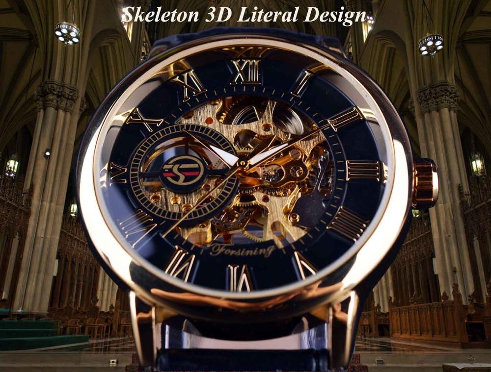 Forsining Orologio meccanico scheletrato in pelle con incisione cava con logo 3D, cassa in oro nero, marchio di lusso da uomo Heren Horloge