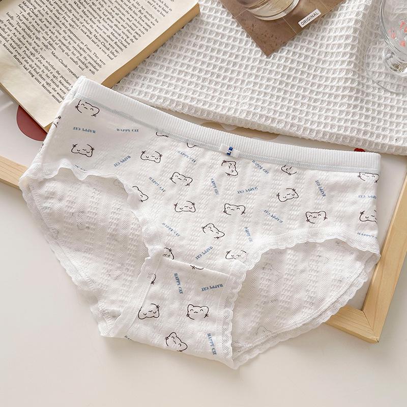 Women's 7A Antibacterial Cotton Underwear - Cute Print, Breathable, Japanese Style, Mid-Waist, Hip-Hugging Teen Girl Panties