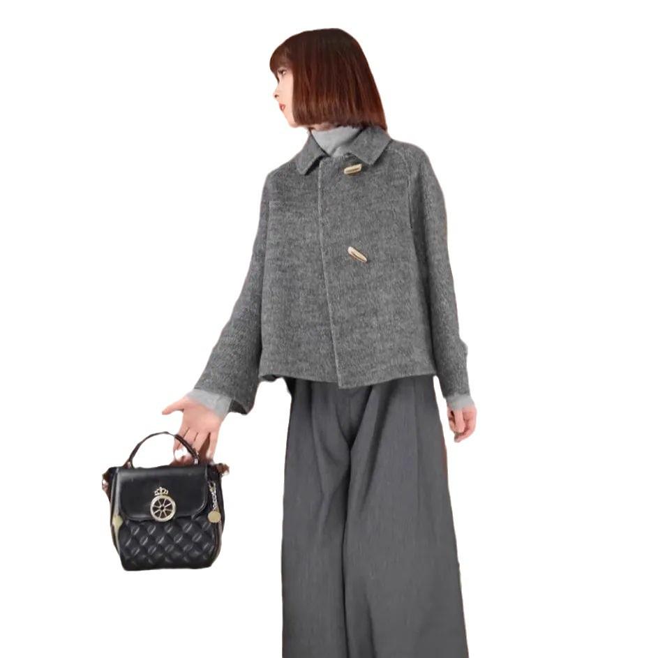 Korean Hepburn Grey Lapel Wool Duffle Coat - Women's Short Jacket for Autumn/Winter 2024