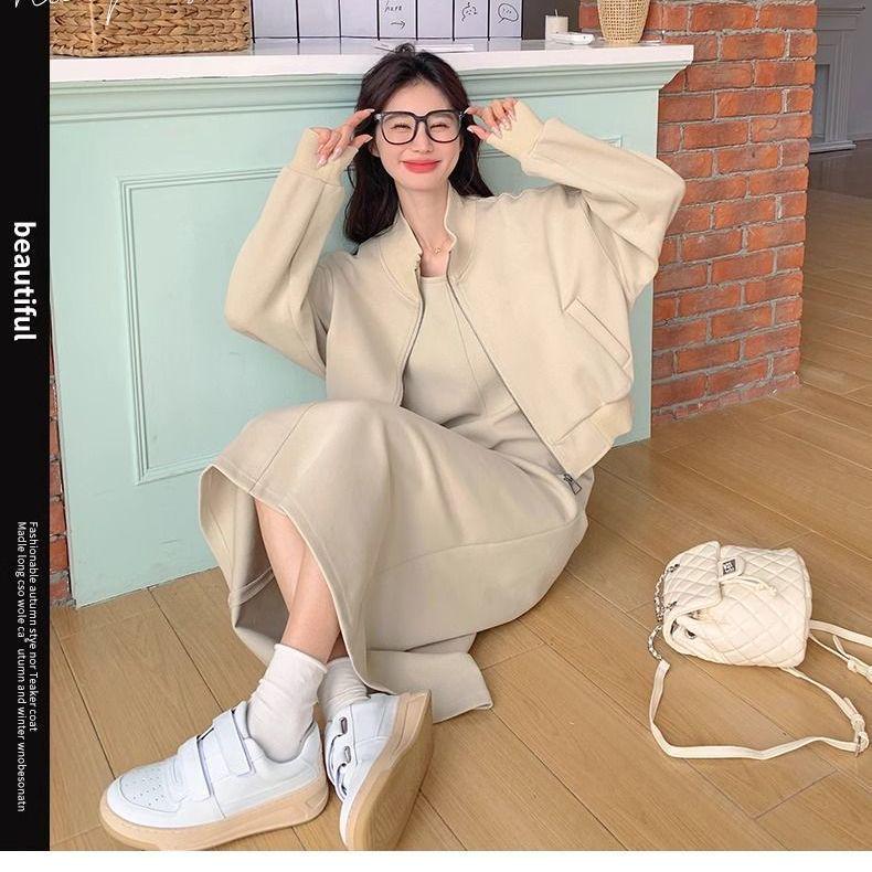 Schickes Übergrößen-Schlankheitsweste- und Kleider-Set - 300 Jin Frühling/Herbst Bauchbedeckendes, altersreduzierendes zweiteiliges Outfit für Damen