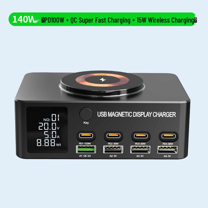 140W GaN Multi-Port USB Charger with Smart Display and PD100W Fast Charging