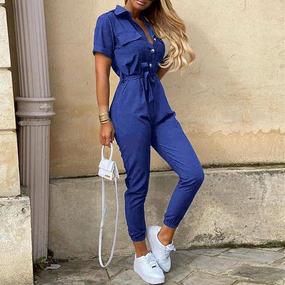 2025 Damen Casual Revers Knopfleiste Bedruckter Jumpsuit mit Taillengürtel M blau