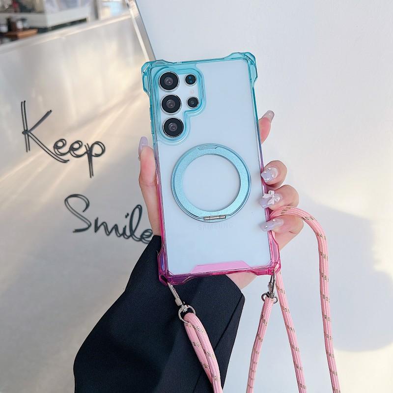Gradient Case For Samsung Galaxy S25 Ultra S23 S22 S24 Plus 360 Ring Holder Magnetic Lanyard Four Corners Shockproof Strap Cover