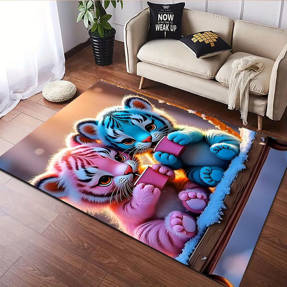 Colorful Tiger Cubs Sipping Tea Patterned carpet, suitable as a non slip play mat for the living room and bedroom sofa