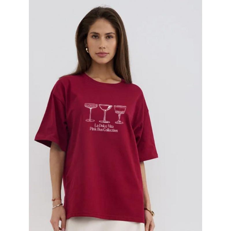 American vintage casual minimalist chic INS style ladylike print summer pure cotton short-sleeve T-shirt commuter top S бордовый