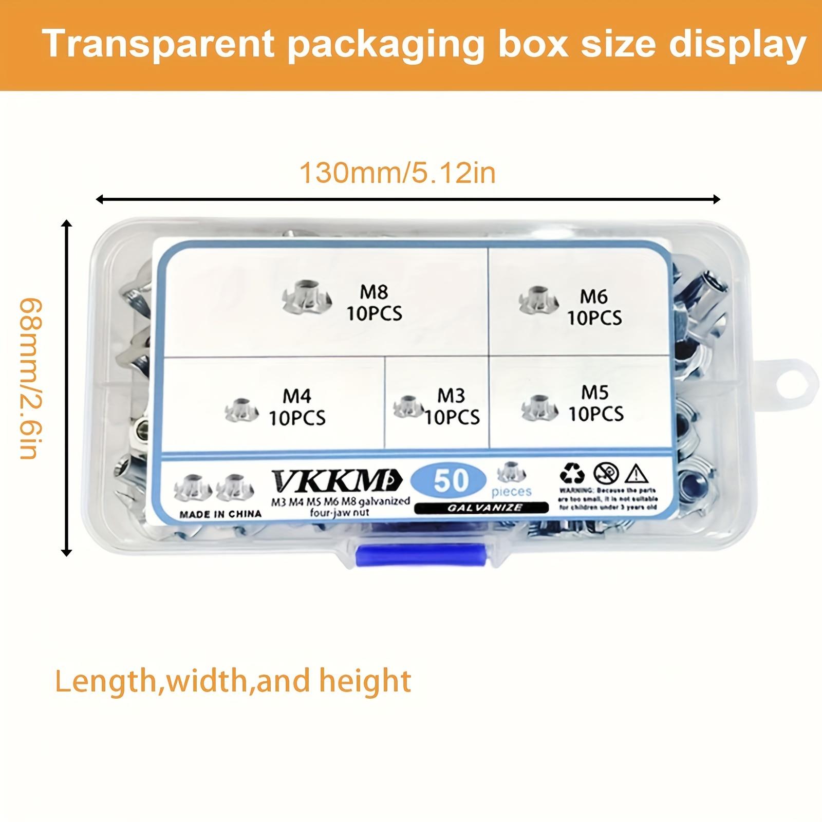 

50 штук гаек с четырьмя зубцами и гаек с тремя выступами и глухими зубцами размером от М3 до М8, материал — оцинкованная углеродистая сталь.