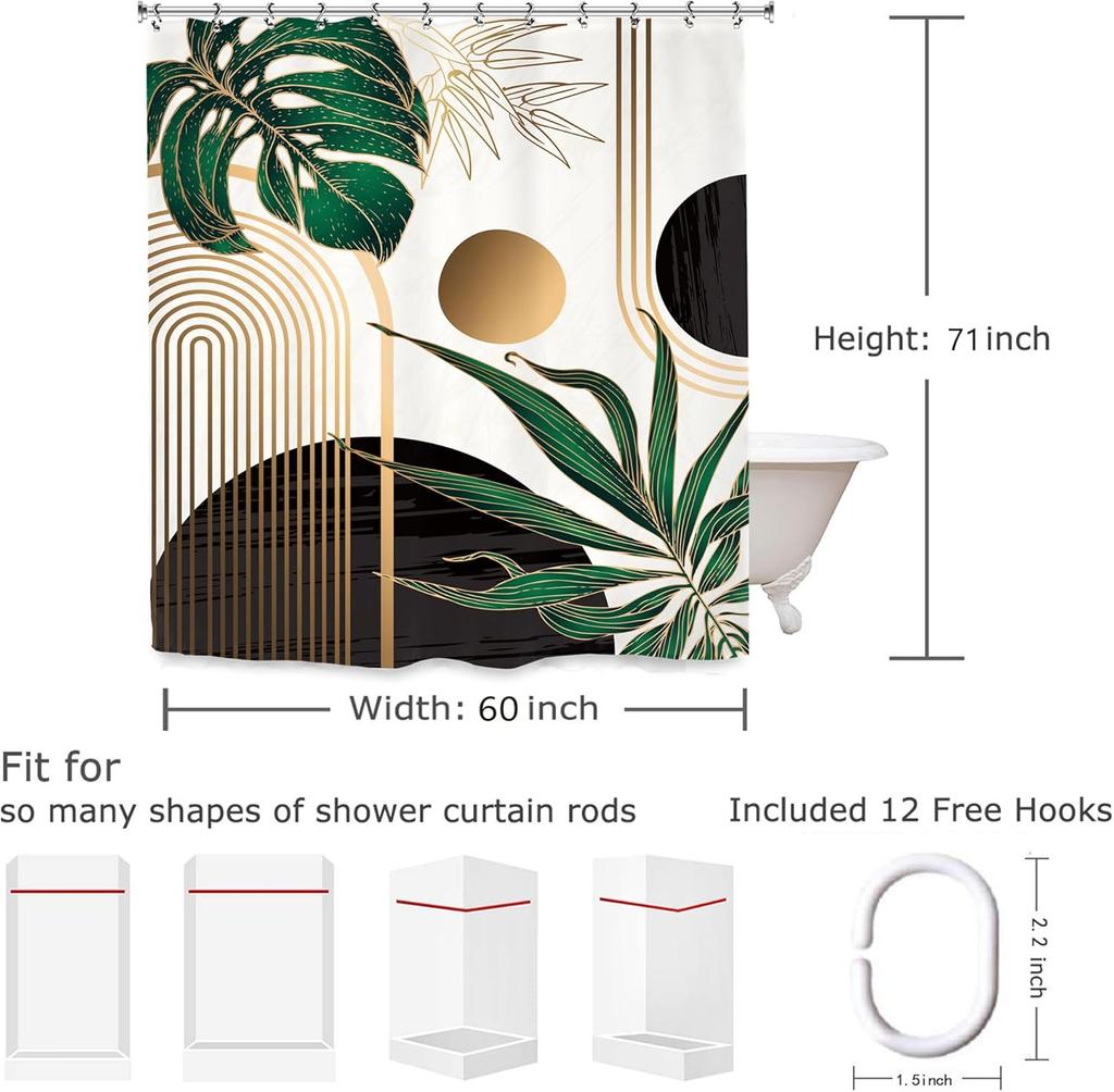 Emerald Green Black Abstract Shower Curtain, Modern Geometric Monstera Plant Leaves Mid Century Decor