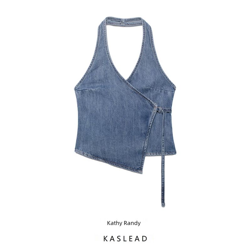 Kaslead New Arrival Women's Clothing Fashion Style Fashion Denim Hanging Collar Double Breasted Tops 5520041 400