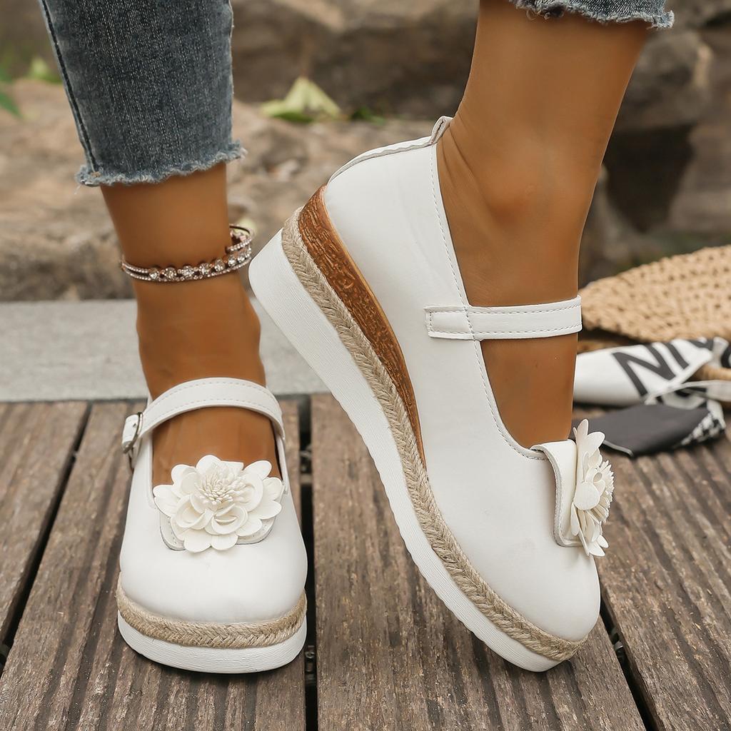 Mode Übergrößen Schuhe für Damen Herbst 2025 Mode Plateau Keile Schnallenriemen Ballerinas Schuhe Zapatos De Mujer mit Blume Schuhwerk