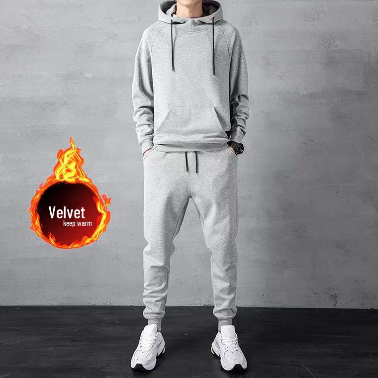 Men's Fleece-Lined Korean Style Hoodie & Jogger Plus-Size Set, Trendy Casual Wear
