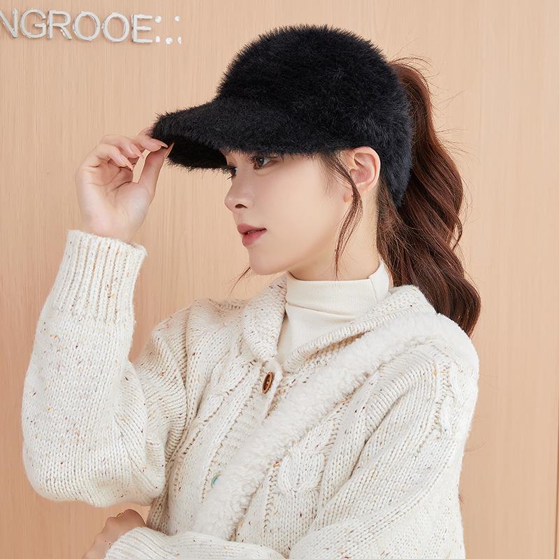 Autumn and Winter Warm Baseball Cap Women's High Ponytail Wool Knitted Peaked Hat Cycling Cold Protection Ear Protection Hollow Top Hat Trendy