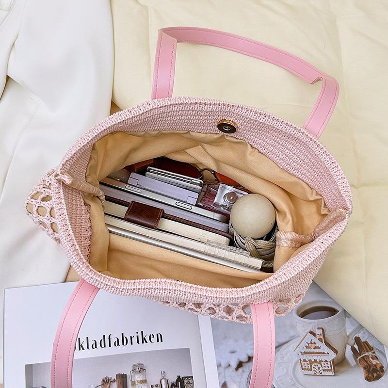 Summer Hollow Woven Handbag Temperament Sweet Women Shoulder Satchel Casual Large Capacity Shopping Bag