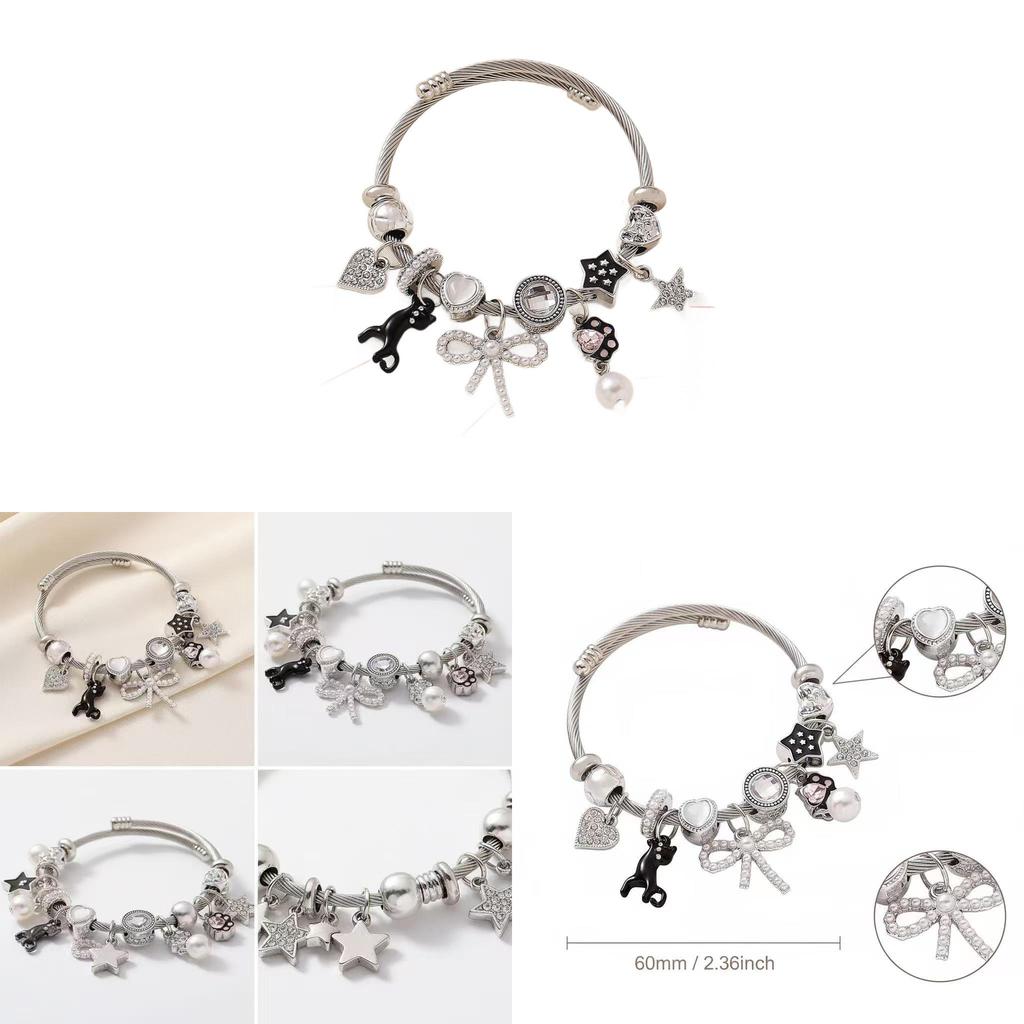 Stainless Steel Cat Bowknot Star Charm Bracelet For Fashion Casual Wear