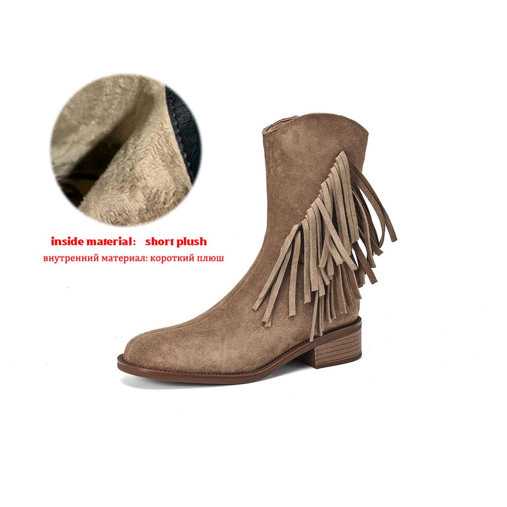 Krazing Pot Cow Suede Nubuck Autumn Winter Shoes Med Heels Size 42 Modern Boots Round Toe Zipper Tassel Ankle Boots