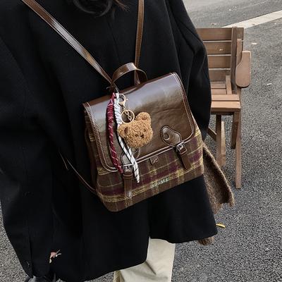 British College Style Backpack Women's 2025 New Fashion Retro Small Schoolbag Autumn and Winter Retro Woolen Plaid Backpack