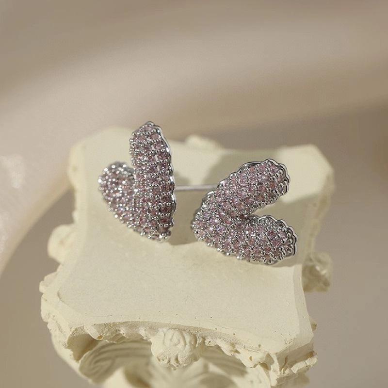 HEFANG Tulip Sterling Silver Heart Stud Earrings with Full Diamond and Epoxy Design.