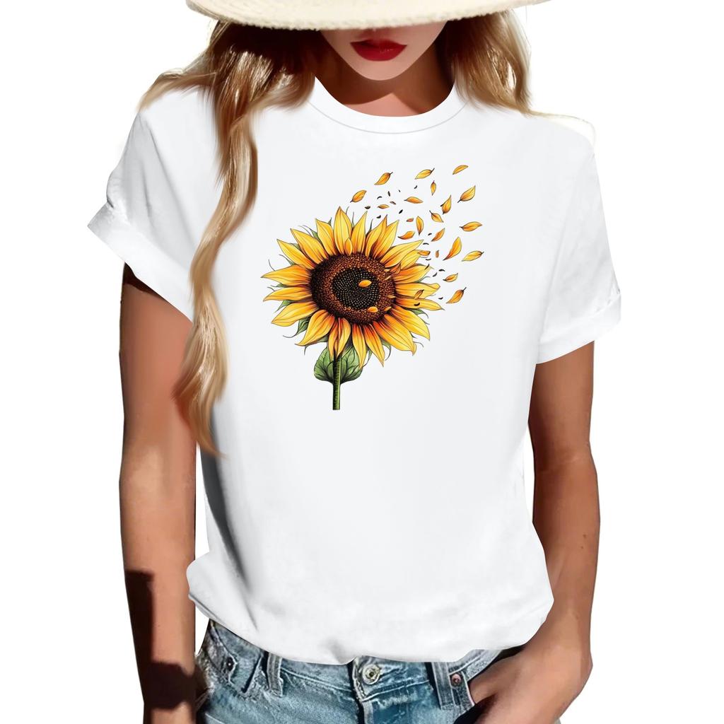 Women's Fashionable Round Neck Casual Retro Print Short Sleeved T-shirt Top