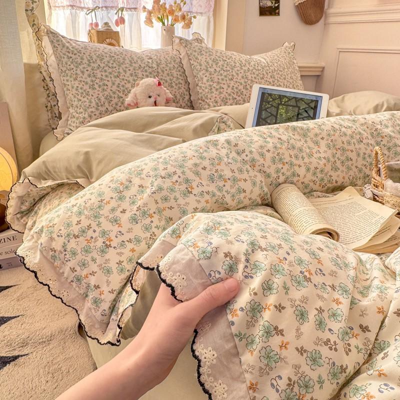 2026 Faux Cotton Washed Lace Bedding Set Floral Duvet Cover