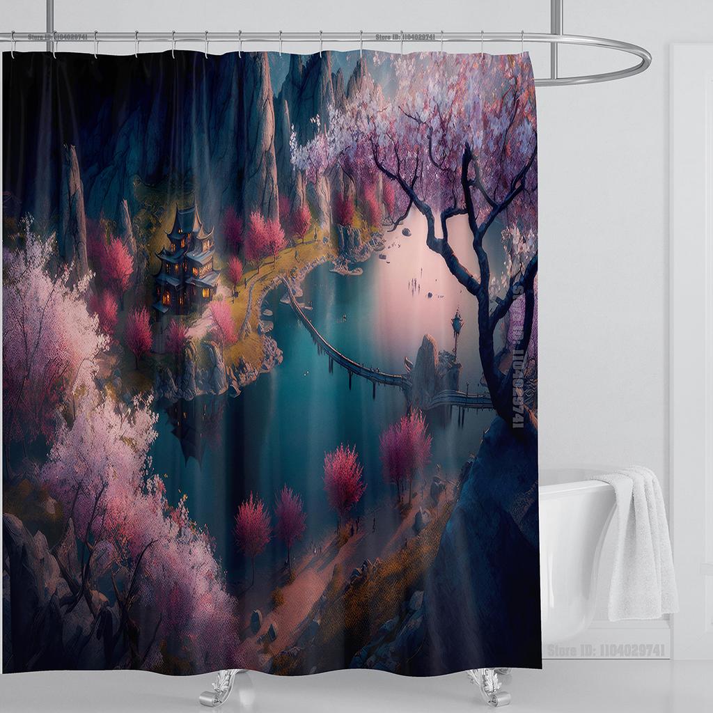Illustration Japanese Chinese Style Art Print Polyester Washable Waterproof Shower Curtain Bathroom Decoration Bathtub With Hook