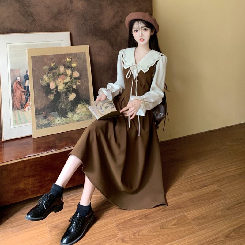 Plus Size Retro Doll Collar Two-Piece Long Dress - Slimming French Autumn Style for Women