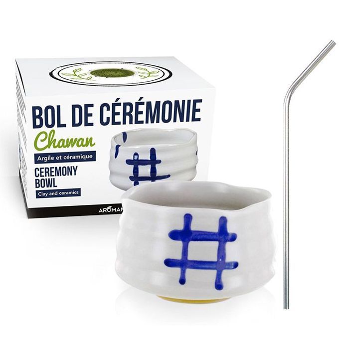 Japanese Chawan Ceremonial Bowl White + 4 Stainless Steel Straws