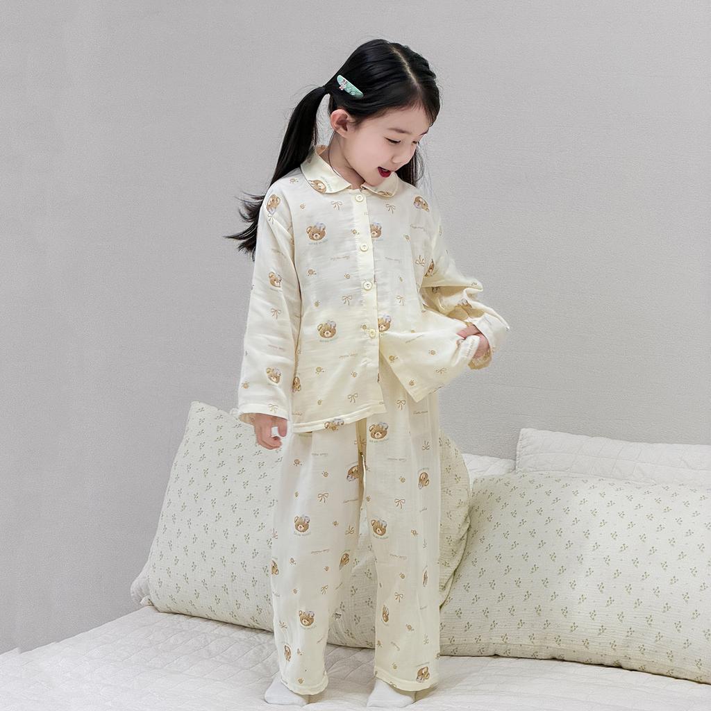 Spring And Summer New Children'S Gauze Pajamas Boys And Girls Printed Long-Sleeved Trousers Loungewear Set Loose And Thin