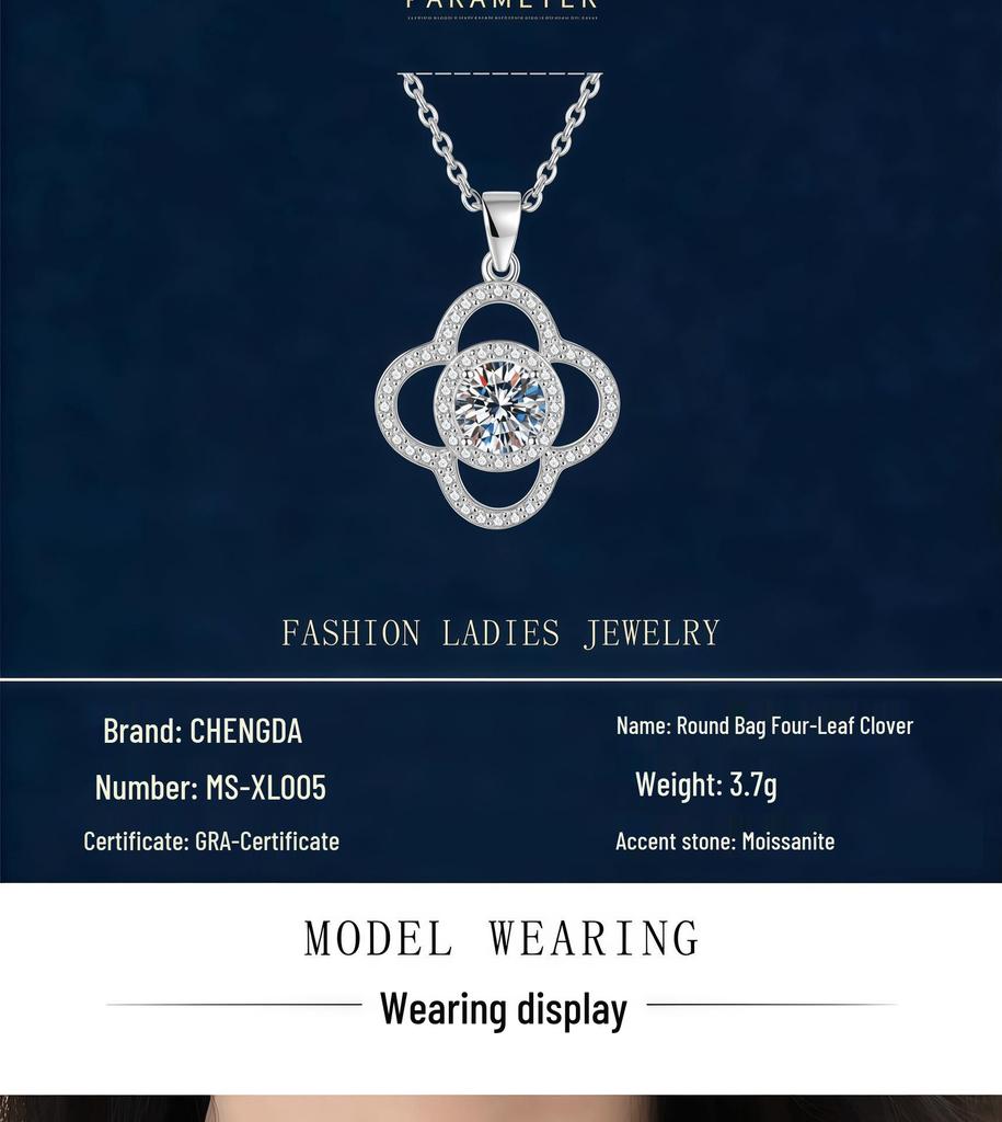 S925 Sterling Silver Four-Leaf Clover Necklace with Moissanite Pendant for Women - Colorfast Clavicle Chain, 1 Carat.