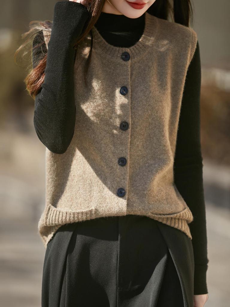 Damen Strickweste aus reiner Wolle - Rundhals-Cardigan mit Taschen für Herbst/Winter zum Schichten