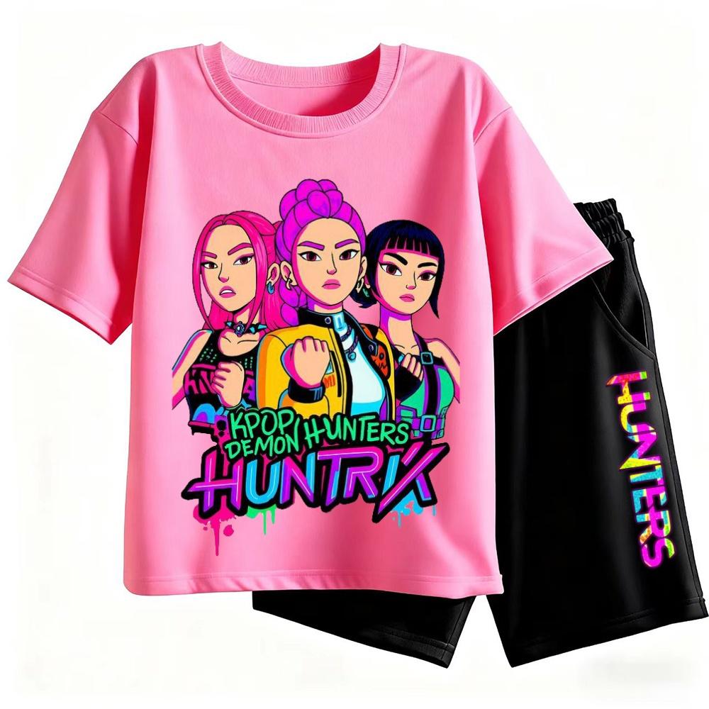 2pcs Kpop Demon Hunters Short Sleeved Shorts Set Featuring Rumi Mira Zoey Girl Group Magical Warrior Fan Tops