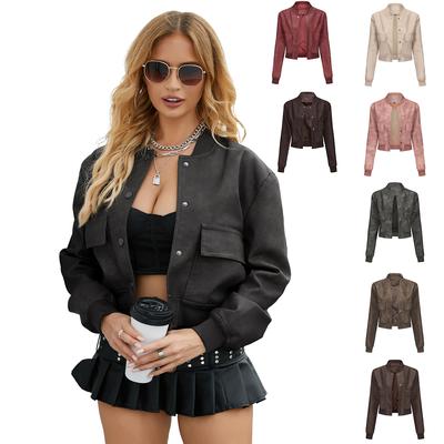 Cárdigan Suelto Abrigo Chaqueta Casual Moda Acanalado Encogido Chaqueta de Cuero de Mujer