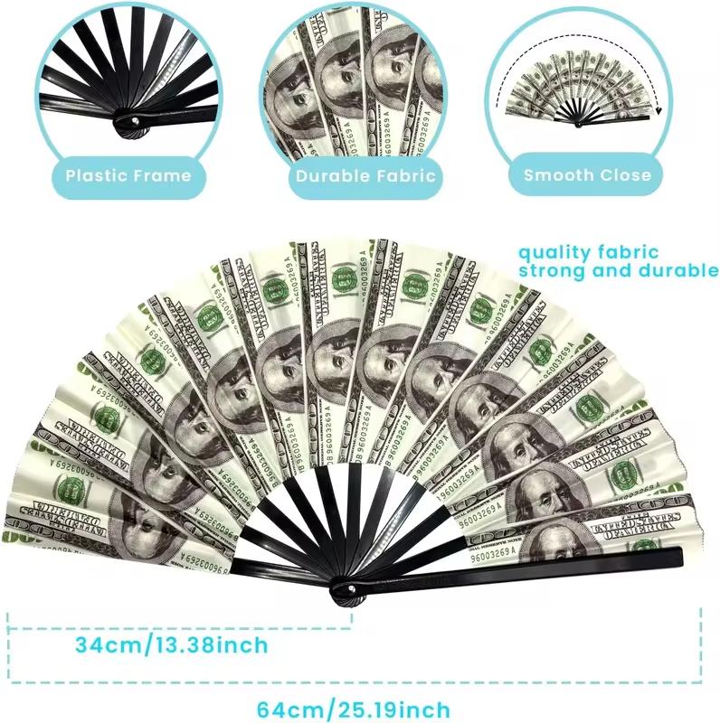 Large Folding Hand Tear Fan (Dollar Pattern) - Music Festival Fan, Dance Fan, Gift & Unique Decorative Fan