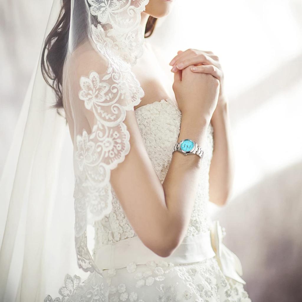 BUREI Women's Analogue Waterproof Quartz Watch, Couple's Watch, Popular, Simple Design, Silver, Light Blue, Luminous